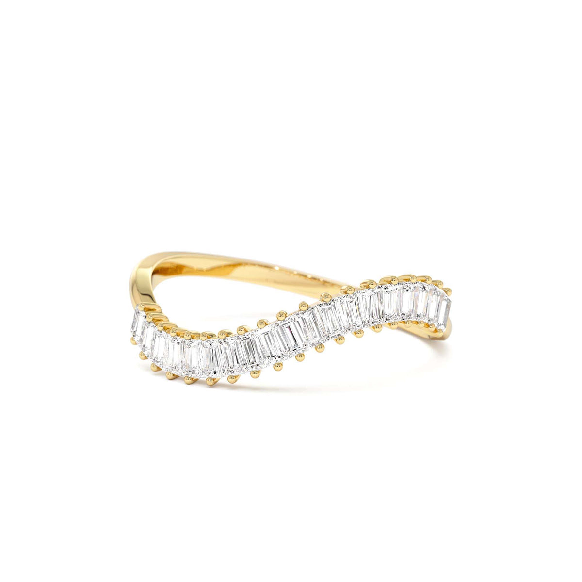 Unique Wave Design Baguette Diamond Ring in 14K Gold — view 1