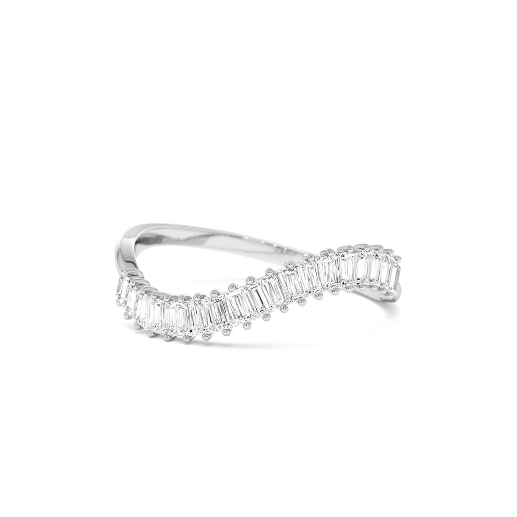 Unique Wave Design Baguette Diamond Ring in 14K Gold — view 4