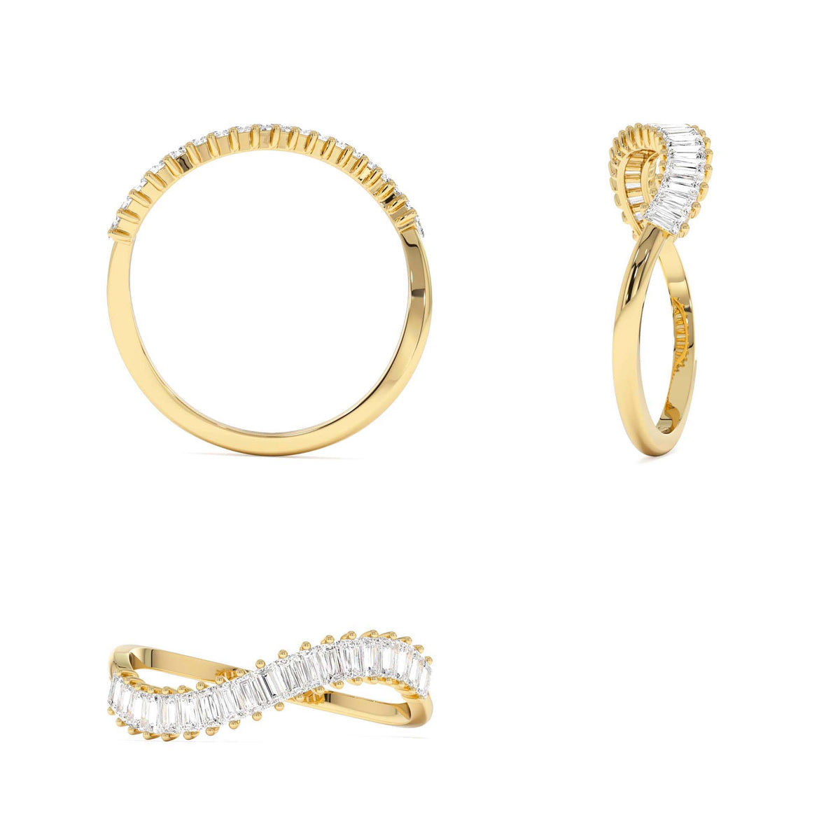 Unique Wave Design Baguette Diamond Ring in 14K Gold — view 3