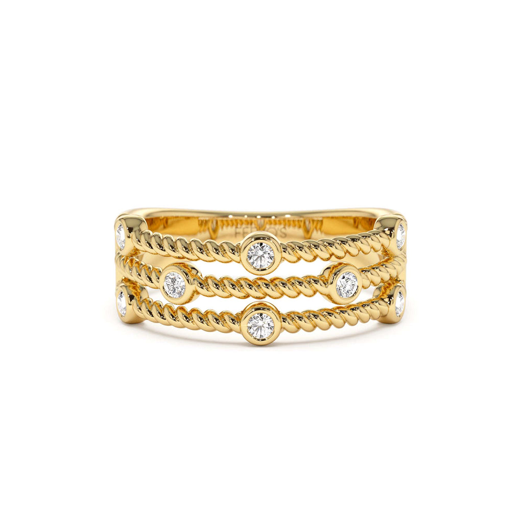 Twisted Rope Triple Diamond Ring in 14K Gold — view 1