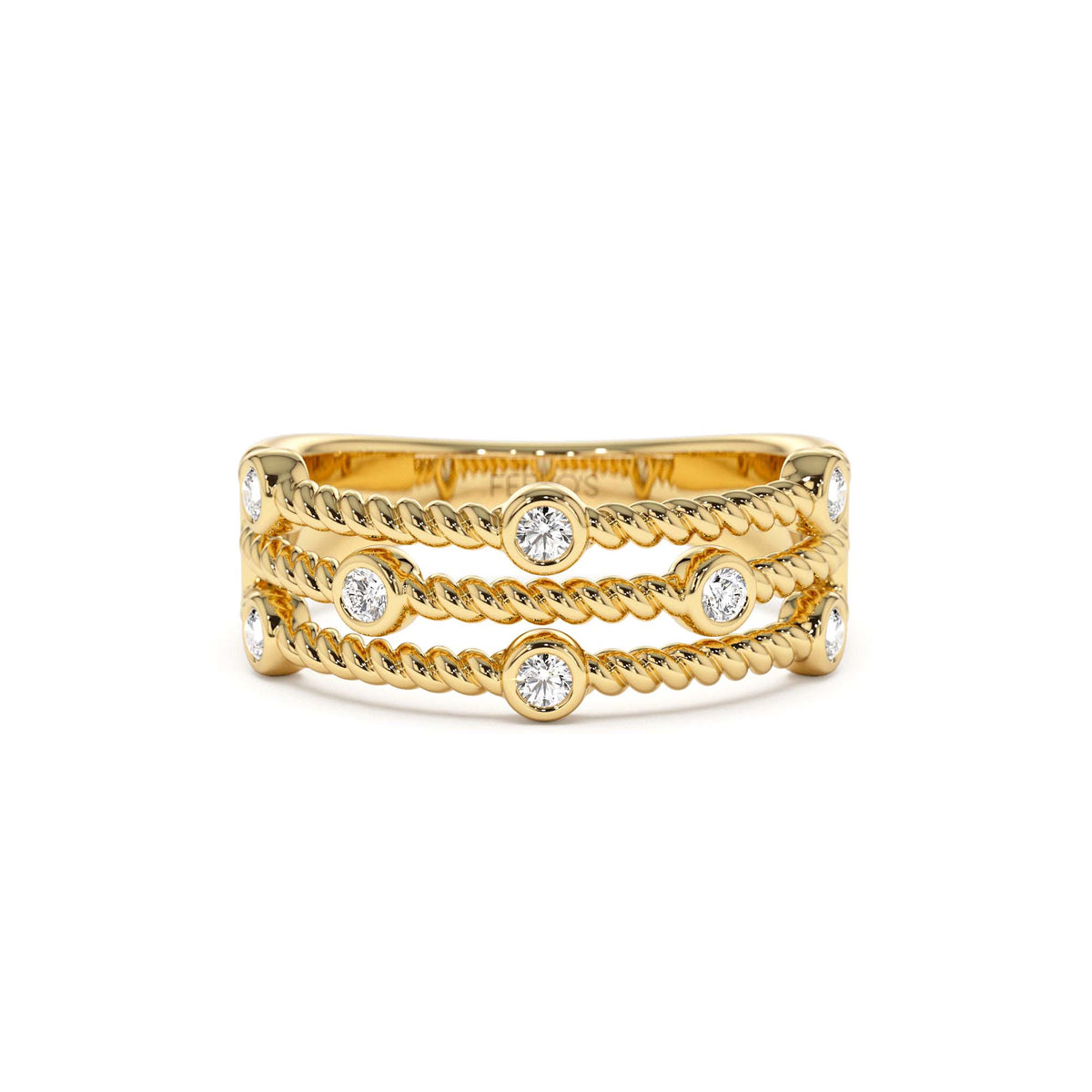 Twisted Rope Triple Diamond Ring in 14K Gold — view 1