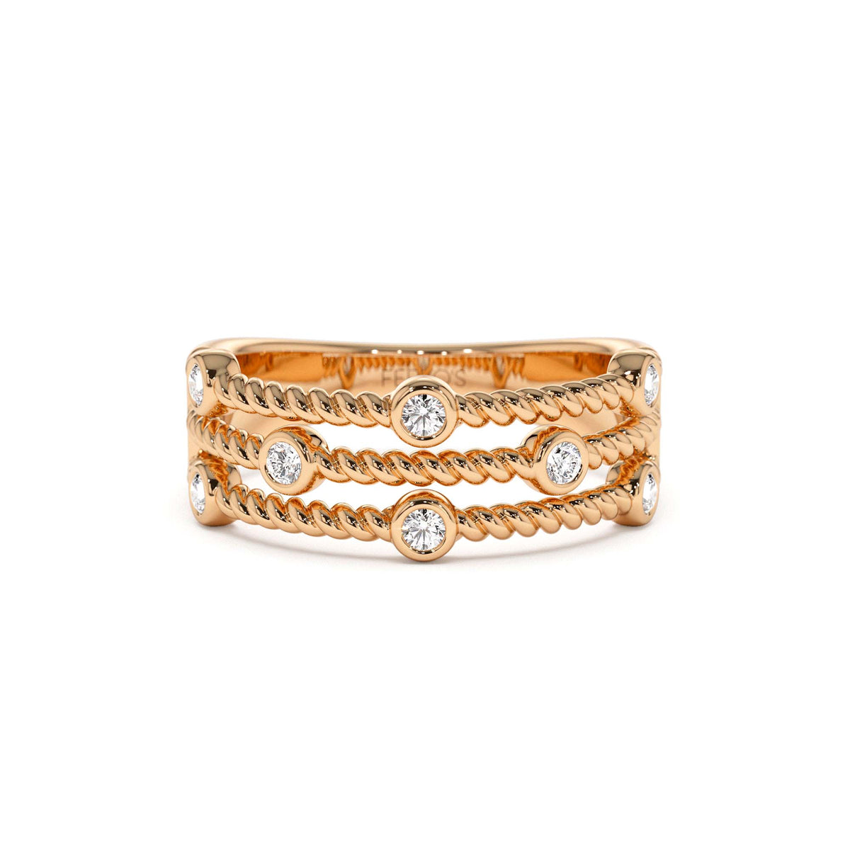 Twisted Rope Triple Diamond Ring in 14K Gold — view 5