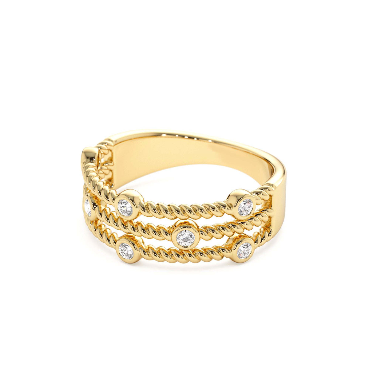 Twisted Rope Triple Diamond Ring in 14K Gold — view 2