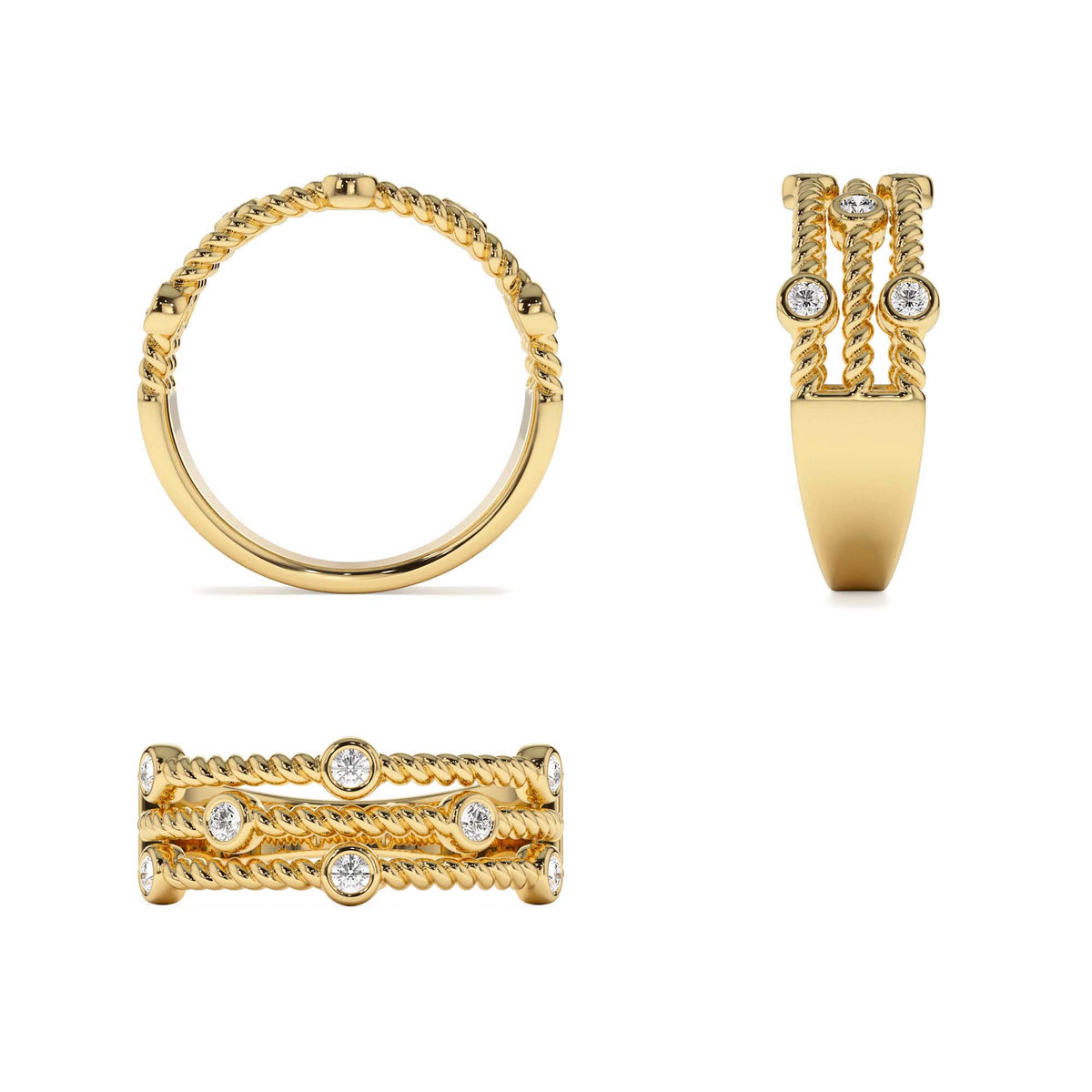 Twisted Rope Triple Diamond Ring in 14K Gold — view 3