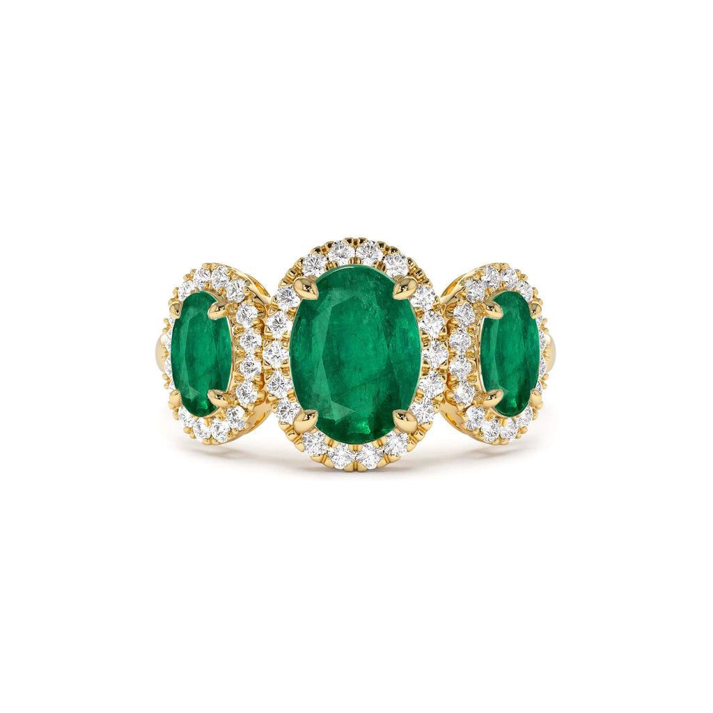 Three Stone Emerald Diamond Engagement Ring in 14K Gold — view 1