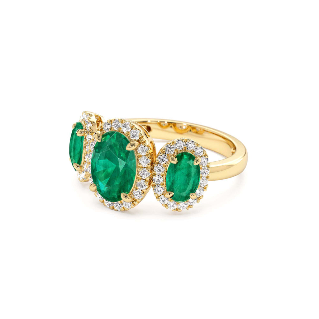 Three Stone Emerald Diamond Engagement Ring in 14K Gold — view 2