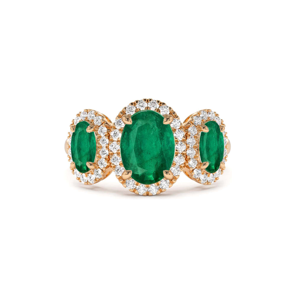 Three Stone Emerald Diamond Engagement Ring in 14K Gold — view 4