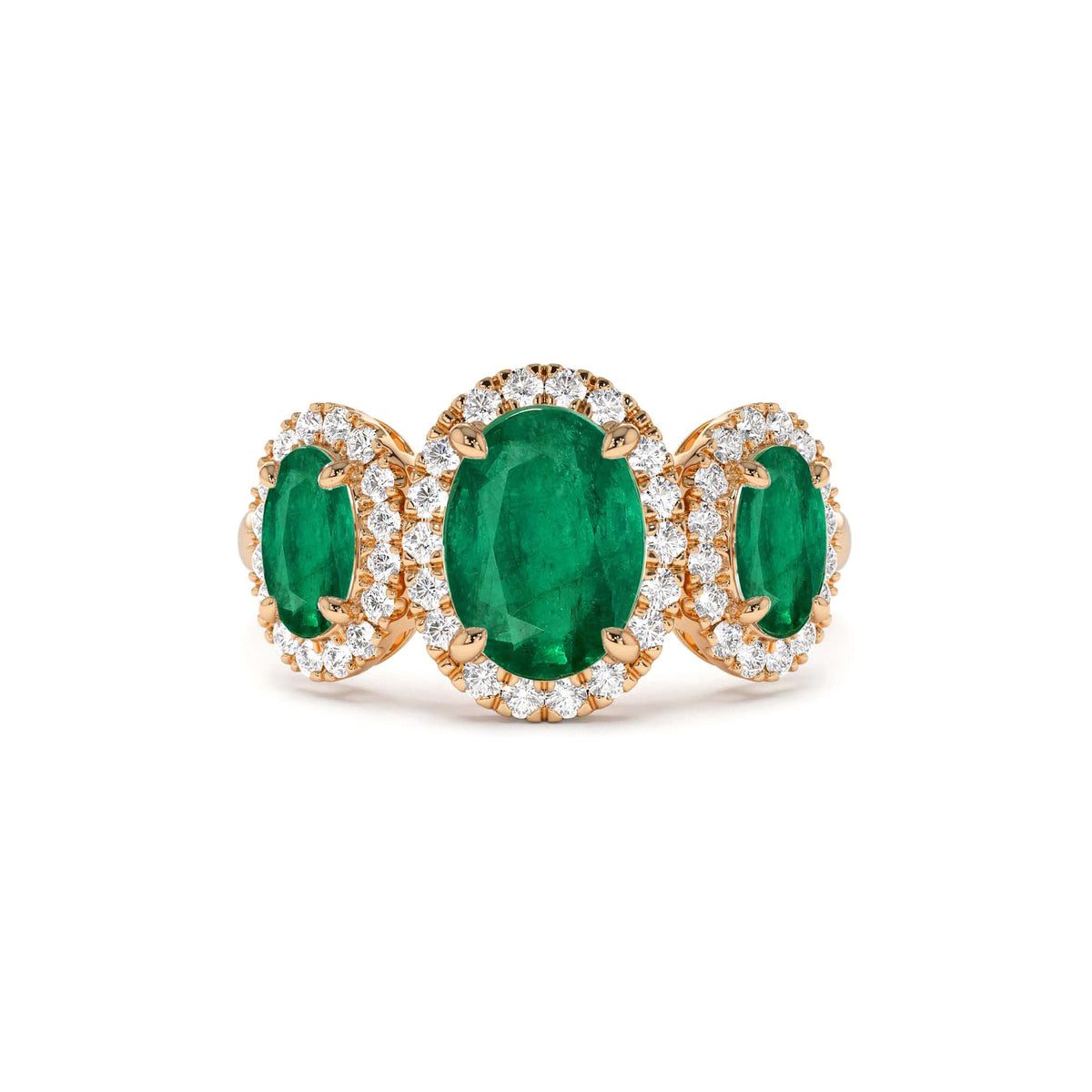 Three Stone Emerald Diamond Engagement Ring in 14K Gold — view 4