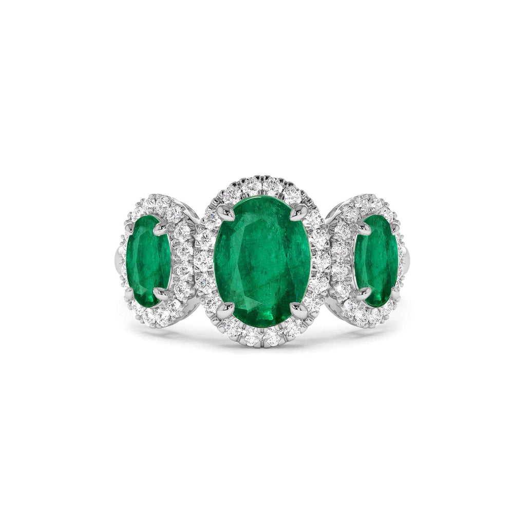 Three Stone Emerald Diamond Engagement Ring in 14K Gold — view 3