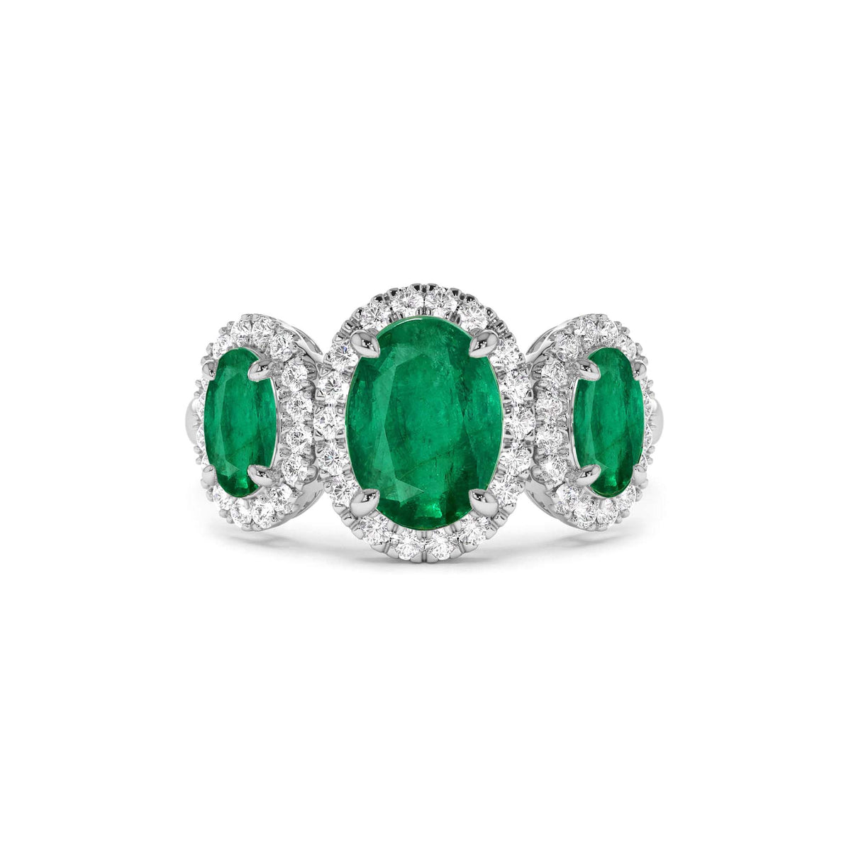 Three Stone Emerald Diamond Engagement Ring in 14K Gold — view 3