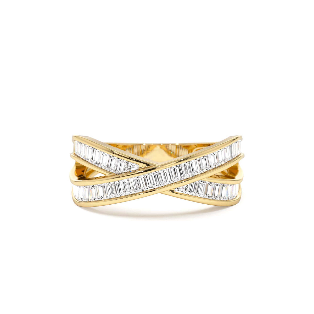 Channel Setting Baguette Diamond Crossover Band in 14K Gold — view 1