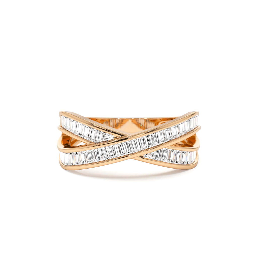 Channel Setting Baguette Diamond Crossover Band in 14K Gold — view 5