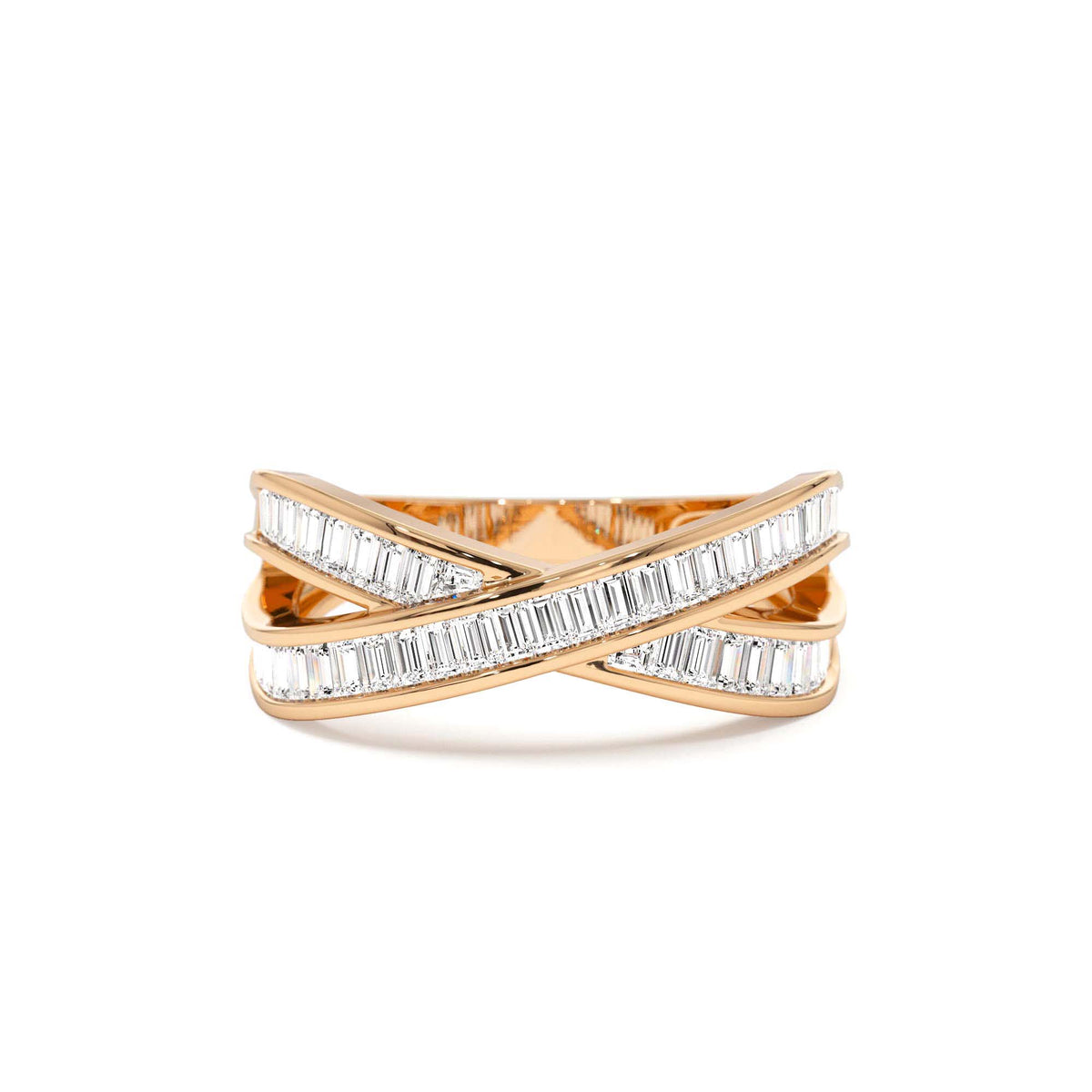 Channel Setting Baguette Diamond Crossover Band in 14K Gold — view 5
