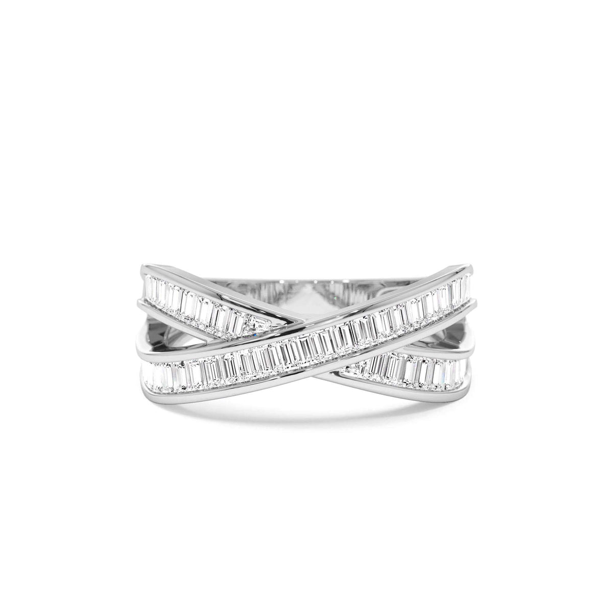 Channel Setting Baguette Diamond Crossover Band in 14K Gold — view 4