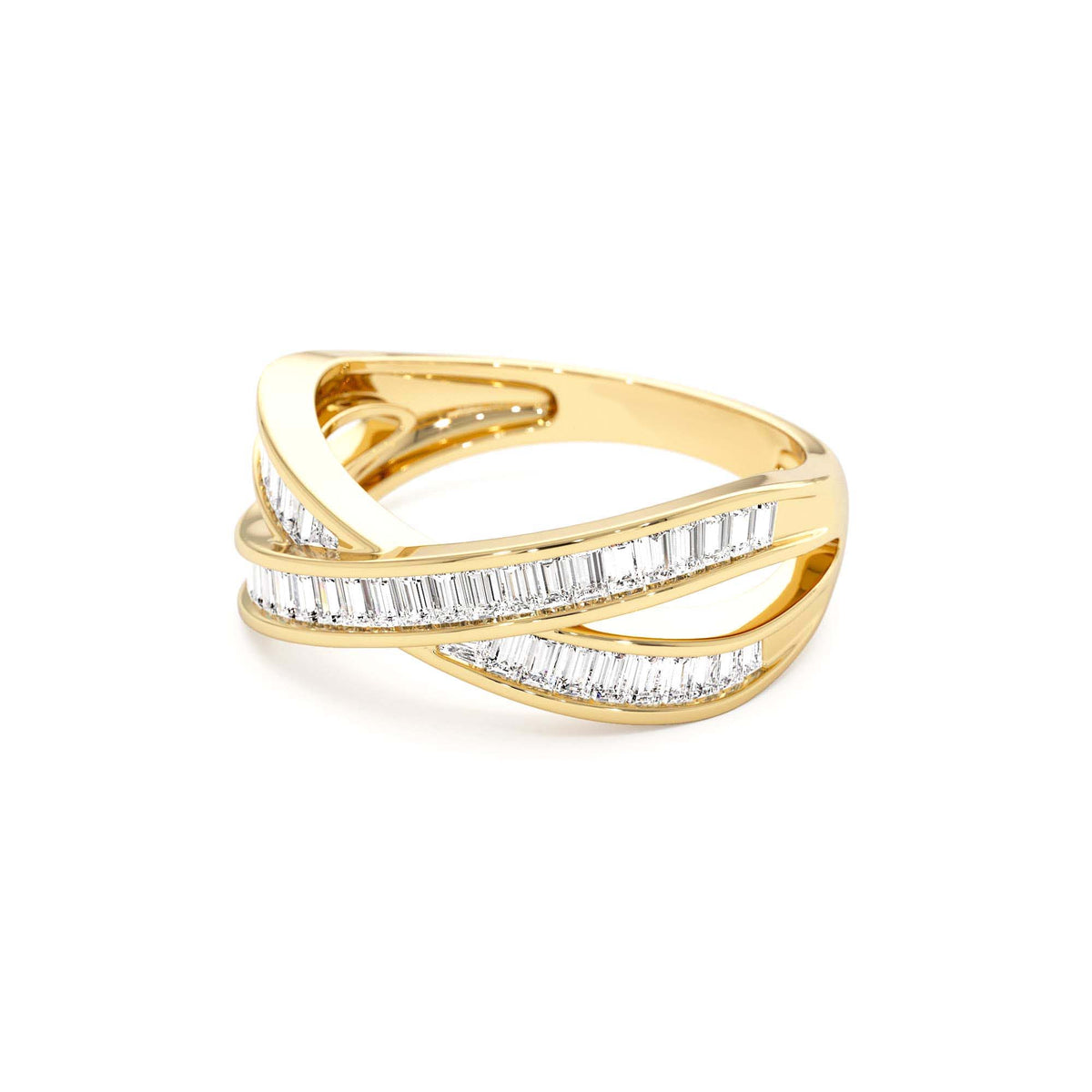 Channel Setting Baguette Diamond Crossover Band in 14K Gold — view 2