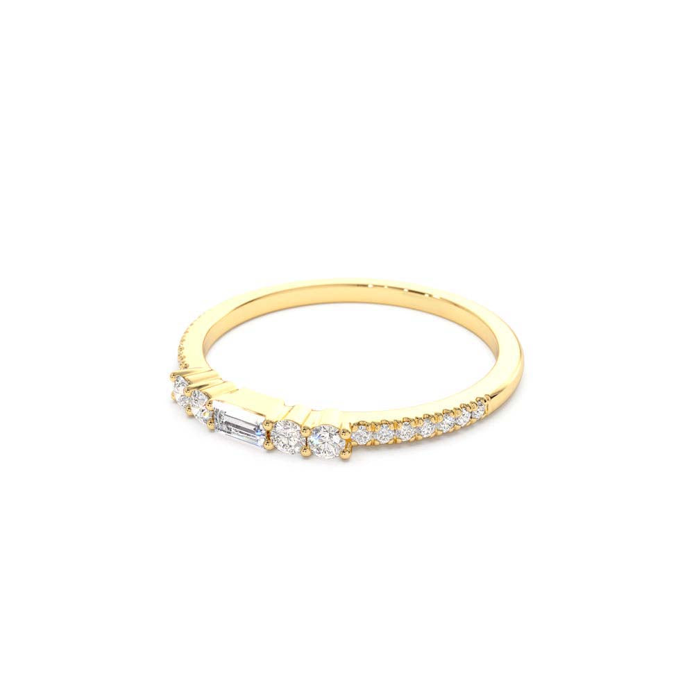 Baguette and Round Diamond Dainty Stackable Ring in 14K Gold — view 2