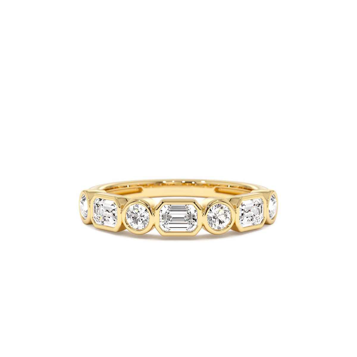 0.95 CTW Bezel Setting Emerald Cut & Round Lab-Grown Diamond Wedding Ring in 14K Gold — view 1