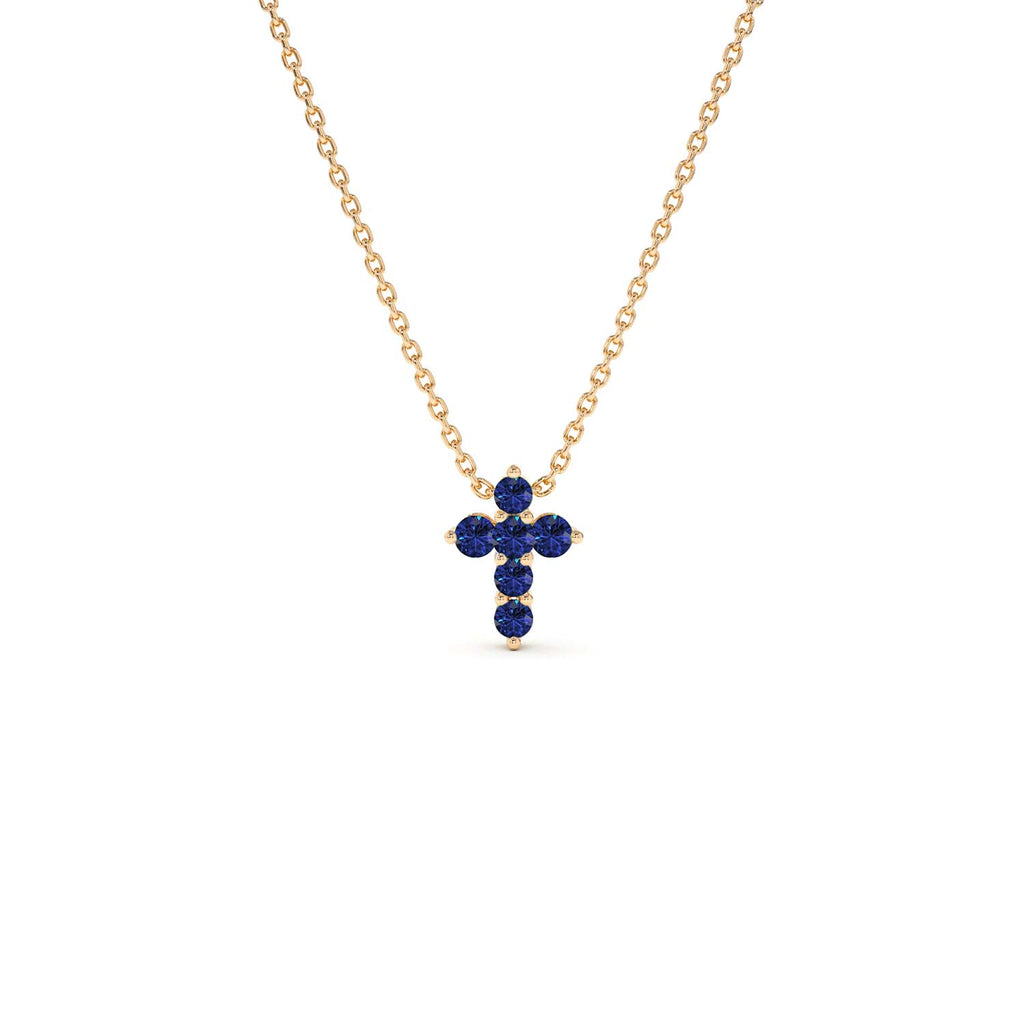 Tiny Sapphire Cross Necklace in 14K Gold — view 6