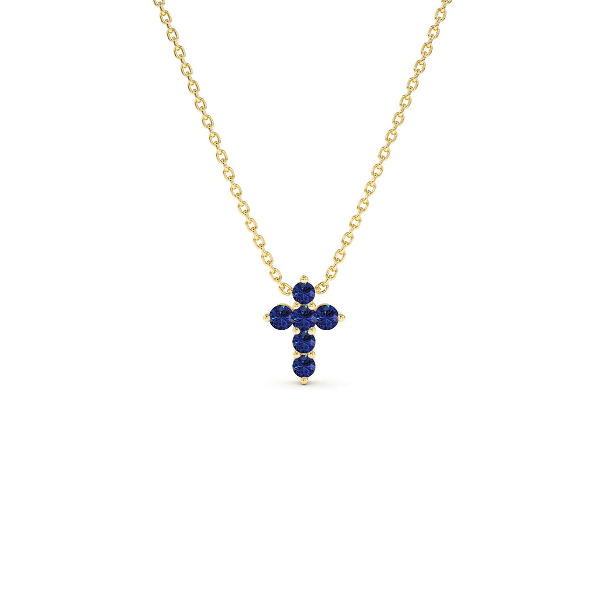 Tiny Sapphire Cross Necklace in 14K Gold — view 3