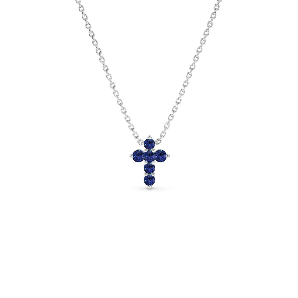 Tiny Sapphire Cross Necklace in 14K Gold — view 4