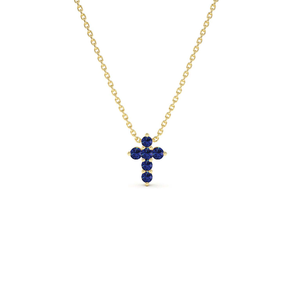 Tiny Sapphire Cross Necklace in 14K Gold — view 1