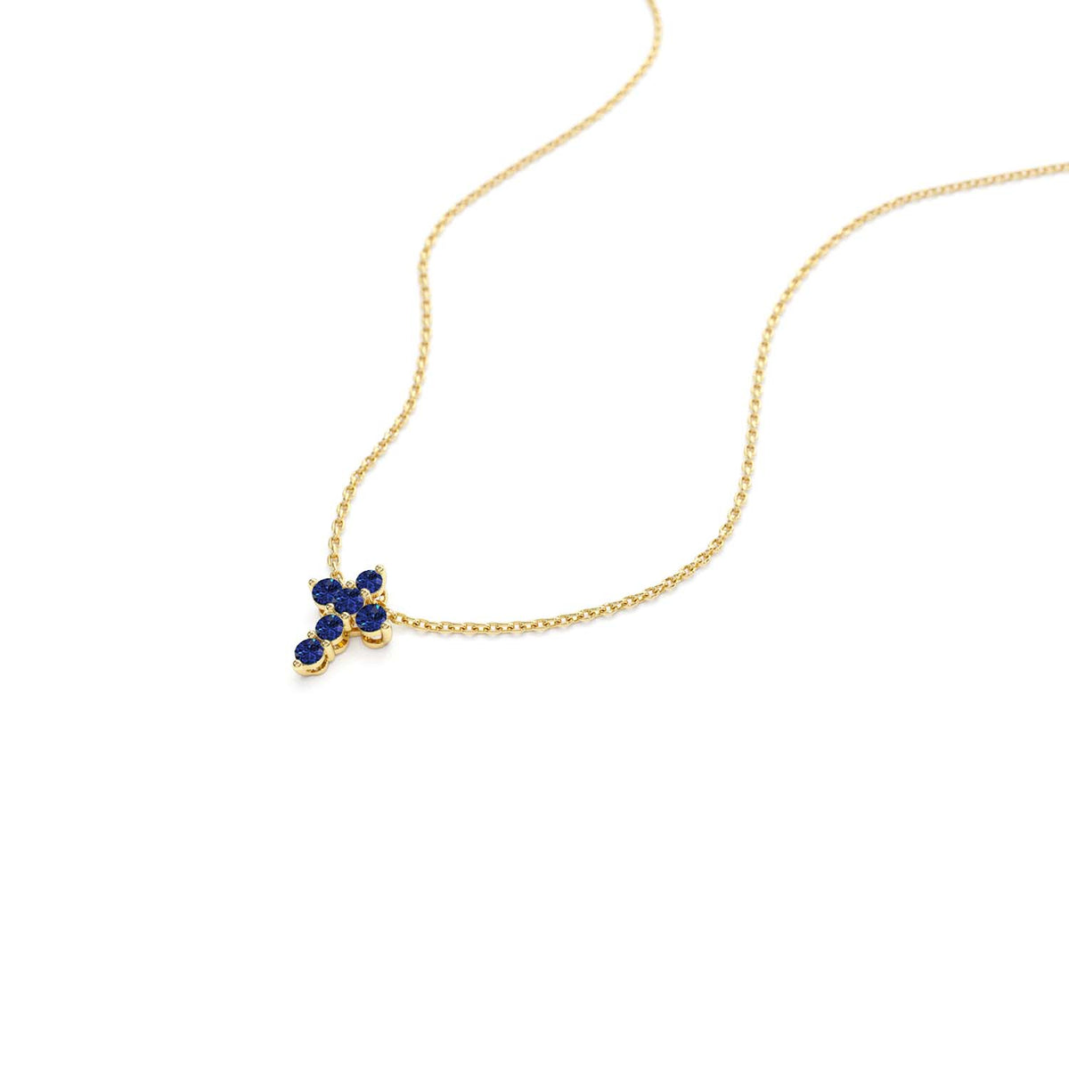 Tiny Sapphire Cross Necklace in 14K Gold — view 2