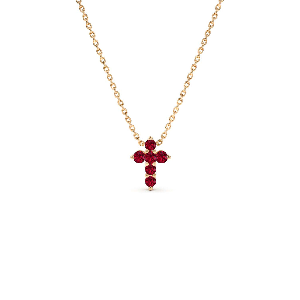 Tiny Ruby Cross Necklace in 14K Gold — view 6