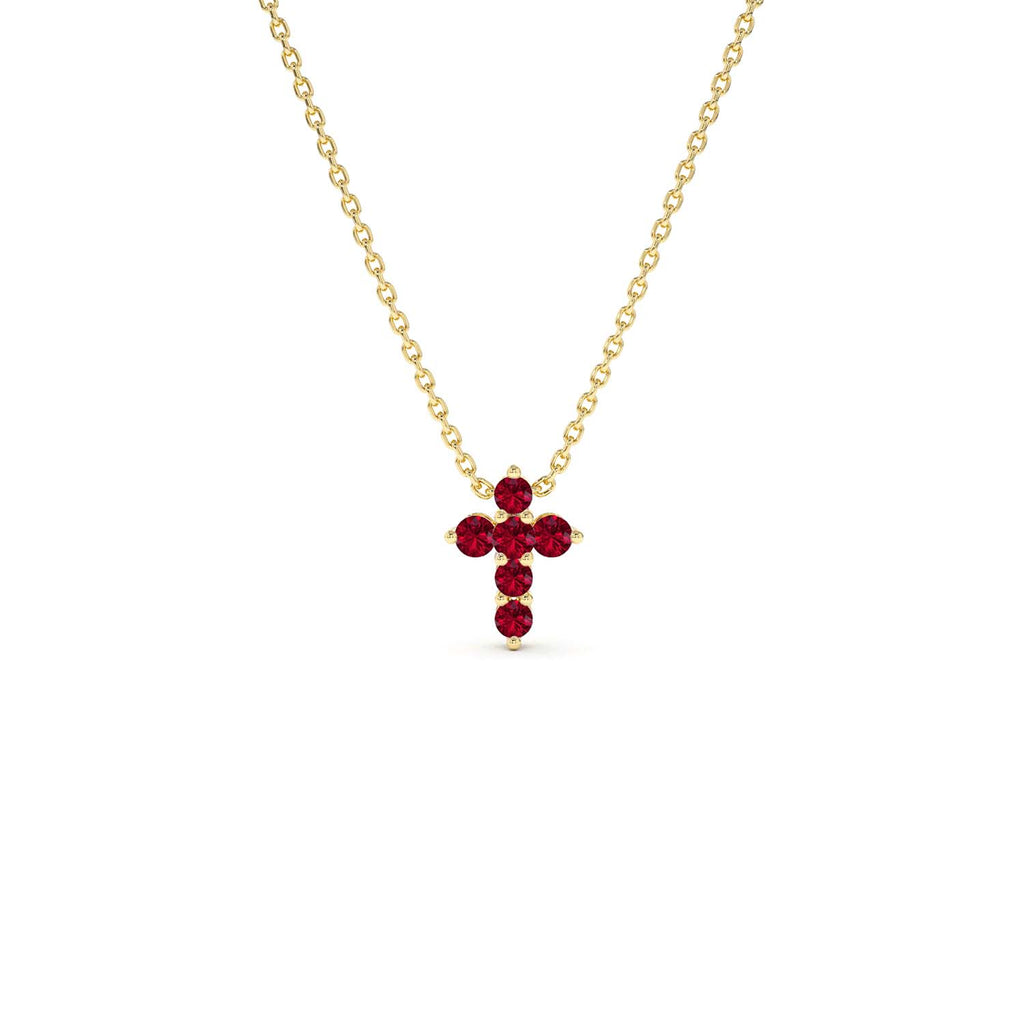 Tiny Ruby Cross Necklace in 14K Gold — view 3