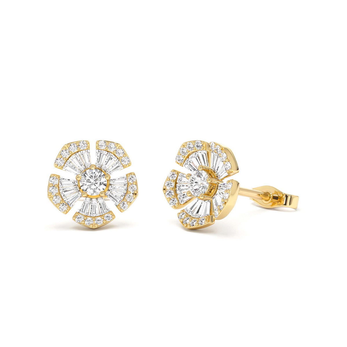Baguette & Round Diamond Unique Flower Earrings in 14K Gold — view 1