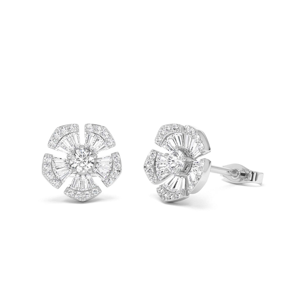 Baguette & Round Diamond Unique Flower Earrings in 14K Gold — view 4