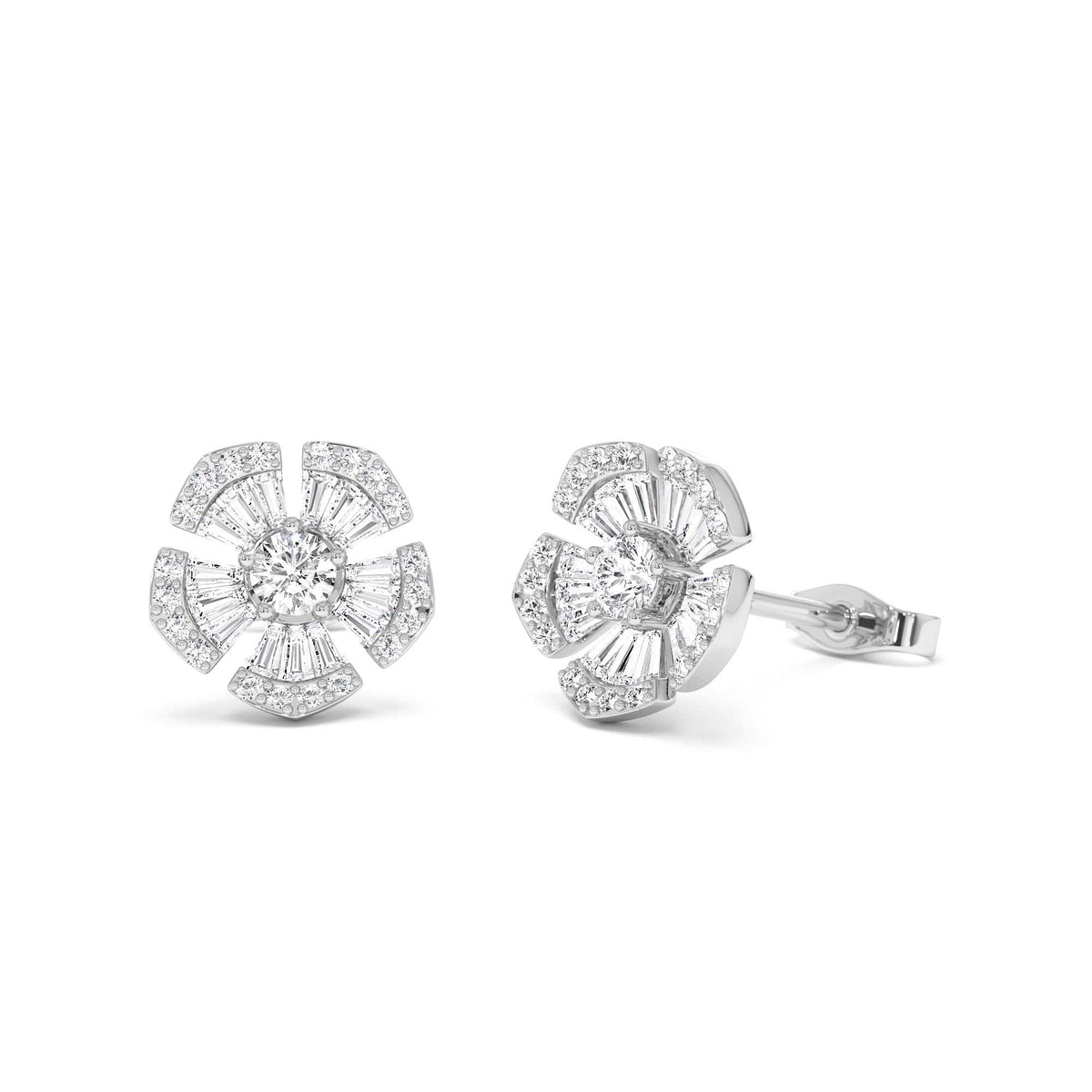 Baguette & Round Diamond Unique Flower Earrings in 14K Gold — view 4