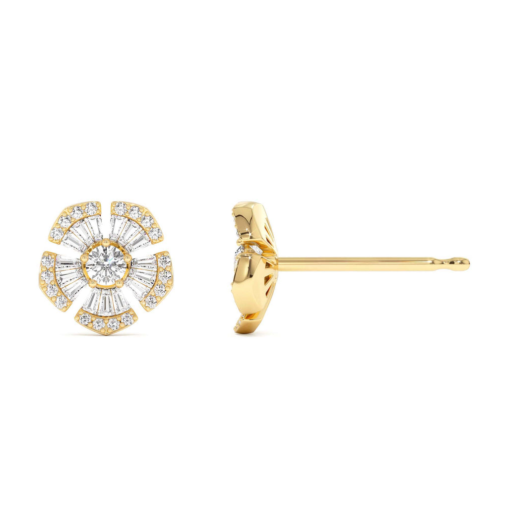 Baguette & Round Diamond Unique Flower Earrings in 14K Gold — view 2