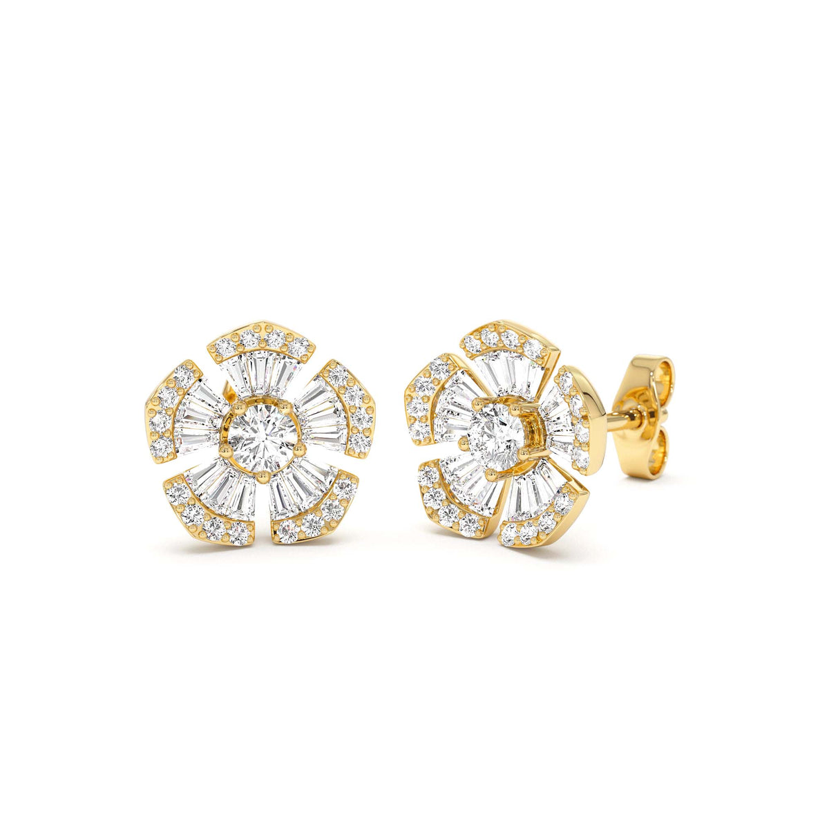 Baguette & Round Diamond Unique Flower Earrings in 14K Gold — view 3