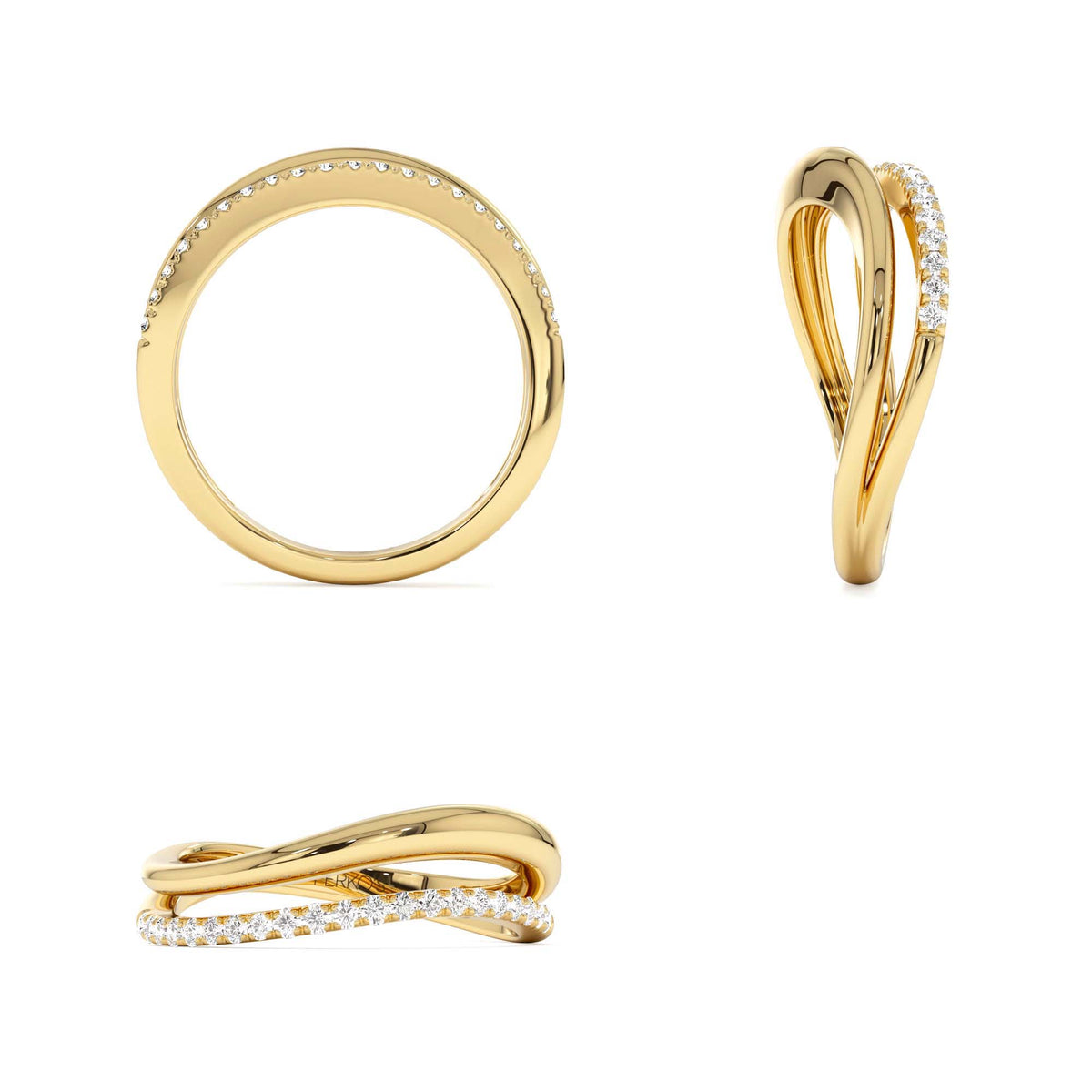 Double Ring Waive Design Diamond Ring in 14K Gold — view 3
