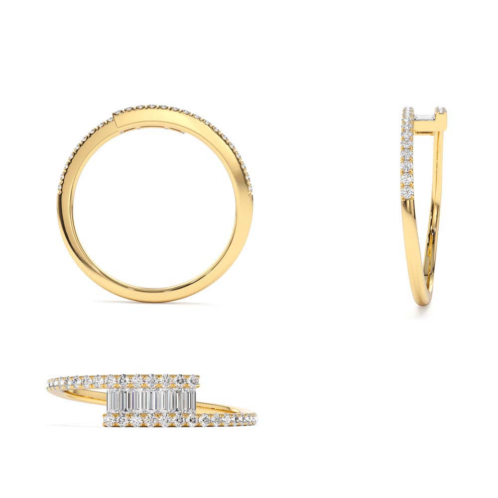 Cross Over Baguette Diamond Ring with Pave Diamonds in 14K Gold — view 3
