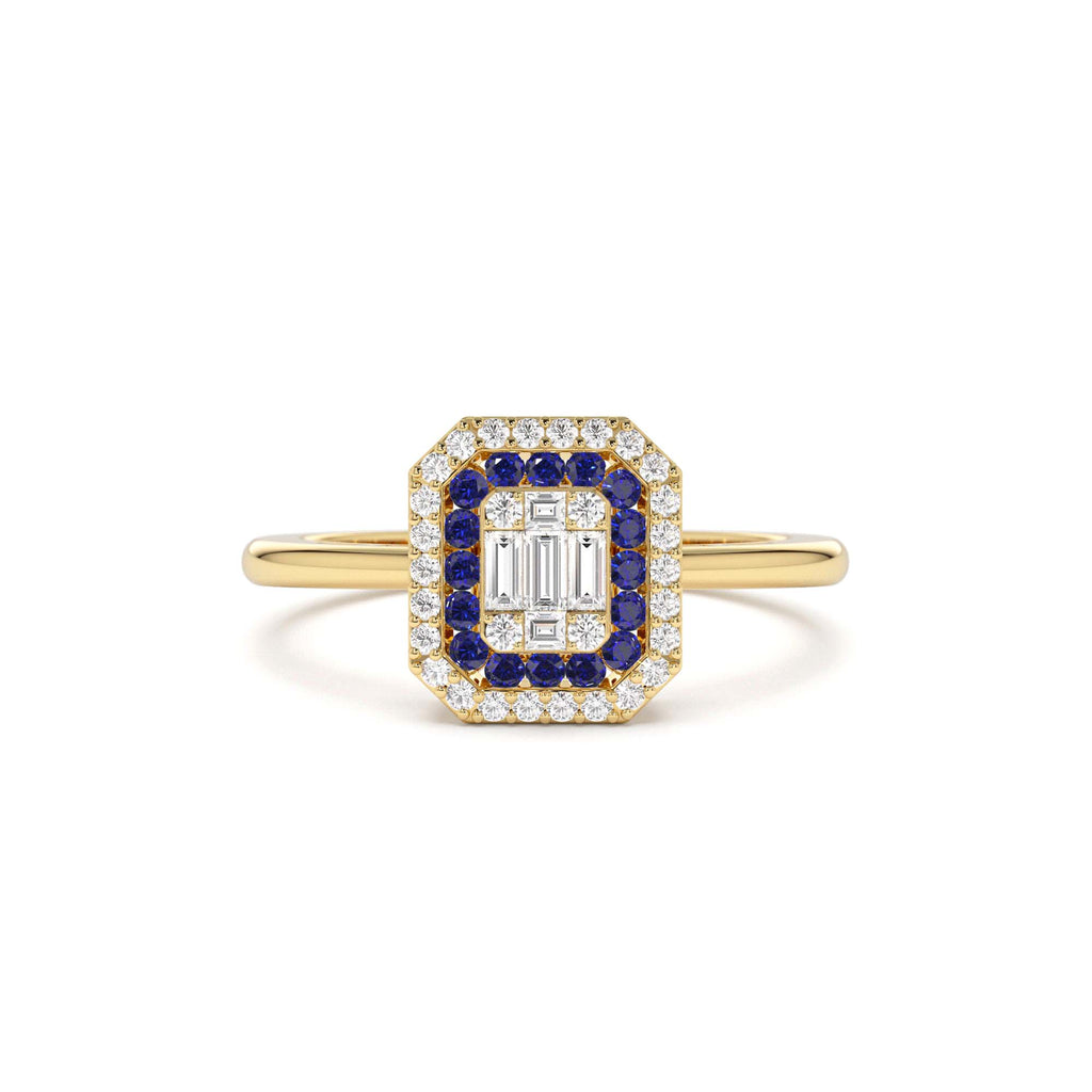 Baguette and Round Sapphire Ring with Halo Setting in 14K Gold — view 1