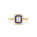 Baguette and Round Sapphire Ring with Halo Setting in 14K Gold — view 1