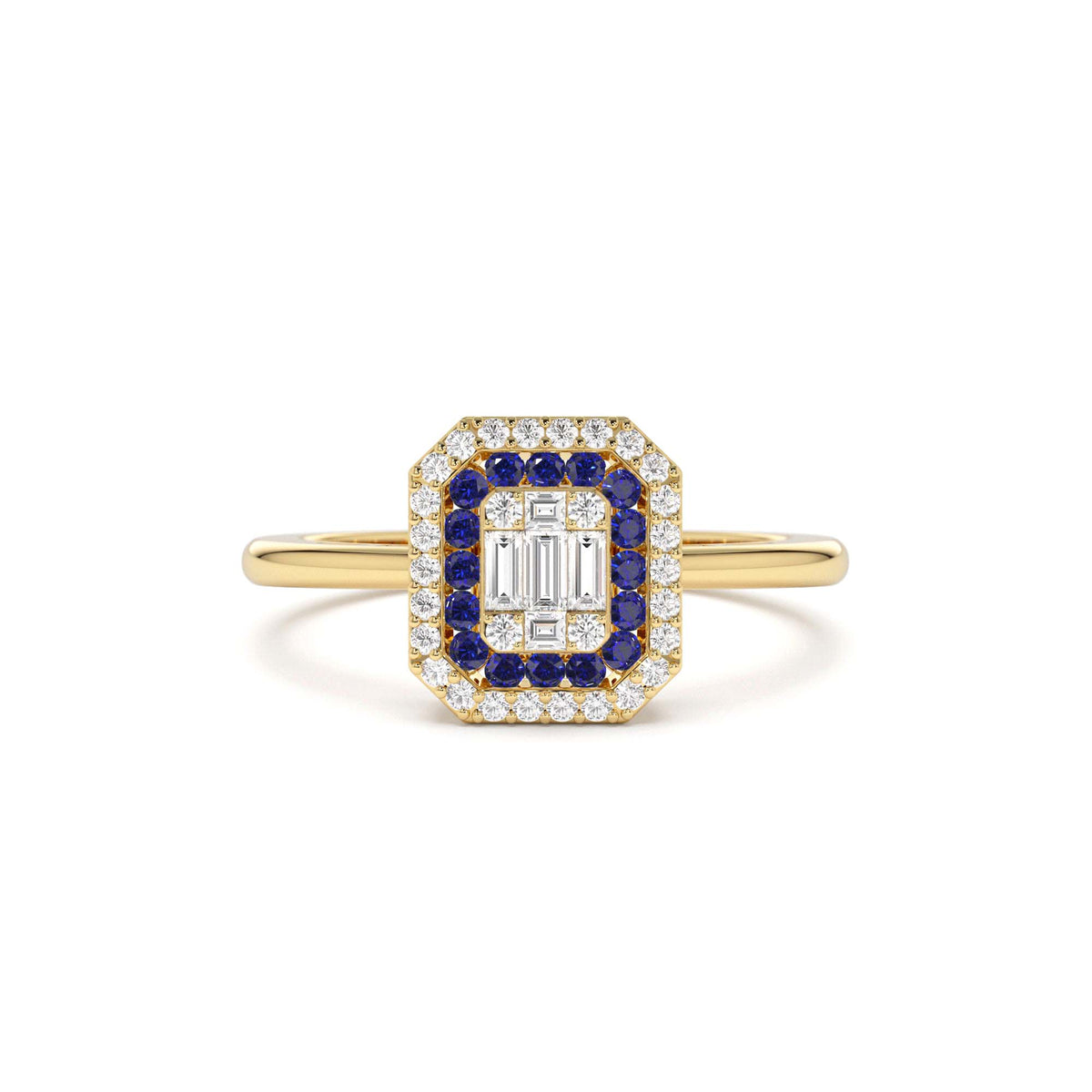 Baguette and Round Sapphire Ring with Halo Setting in 14K Gold — view 1