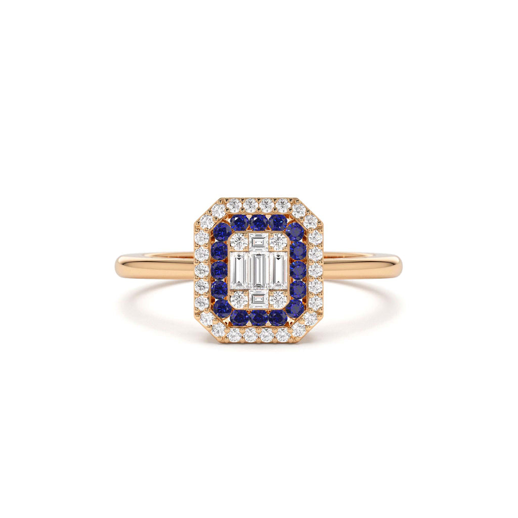 Baguette and Round Sapphire Ring with Halo Setting in 14K Gold — view 5
