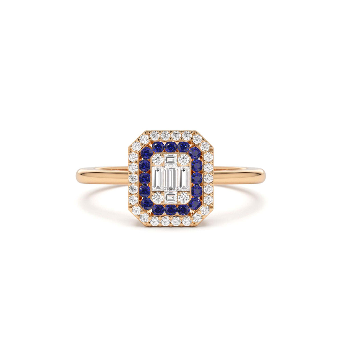 Baguette and Round Sapphire Ring with Halo Setting in 14K Gold — view 5