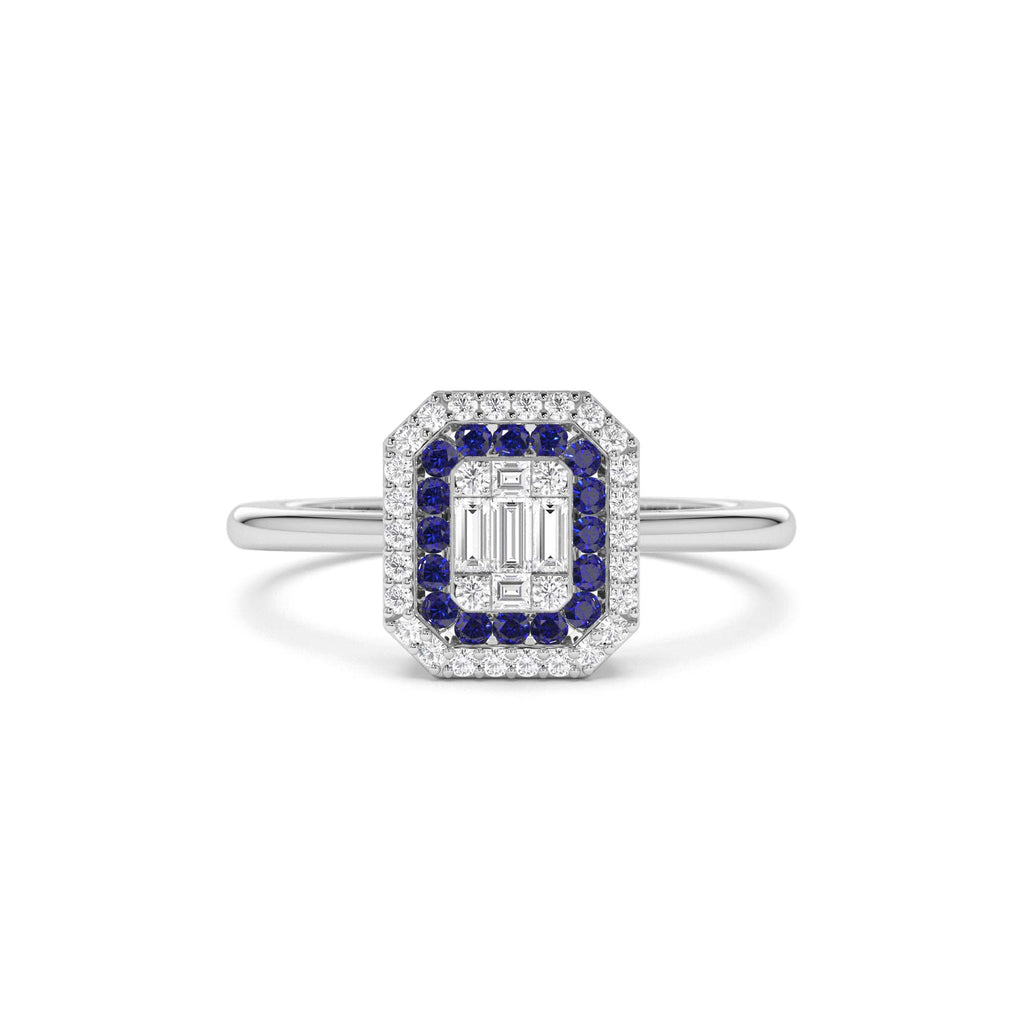 Baguette and Round Sapphire Ring with Halo Setting in 14K Gold — view 4