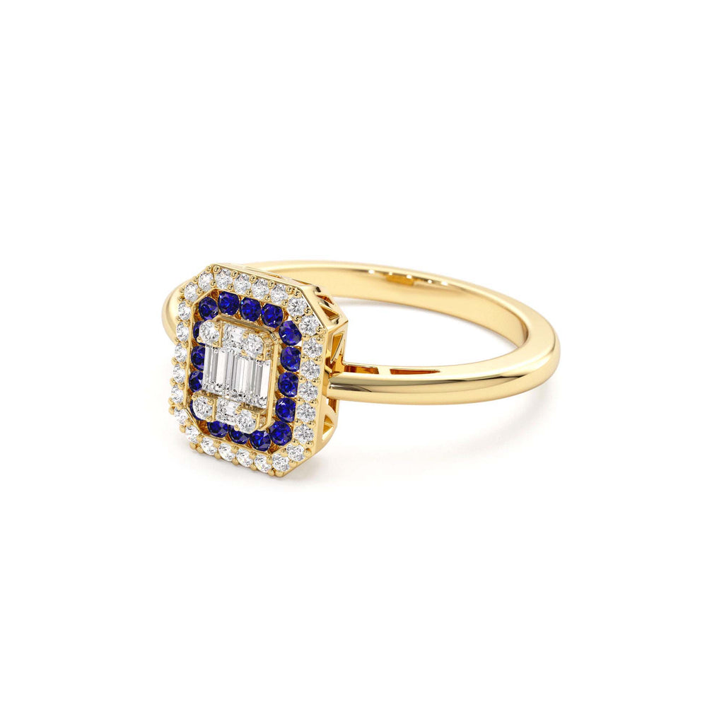 Baguette and Round Sapphire Ring with Halo Setting in 14K Gold — view 2