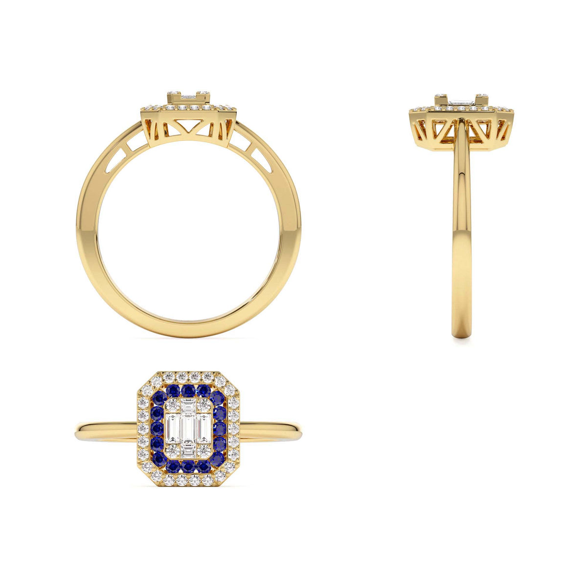 Baguette and Round Sapphire Ring with Halo Setting in 14K Gold — view 3