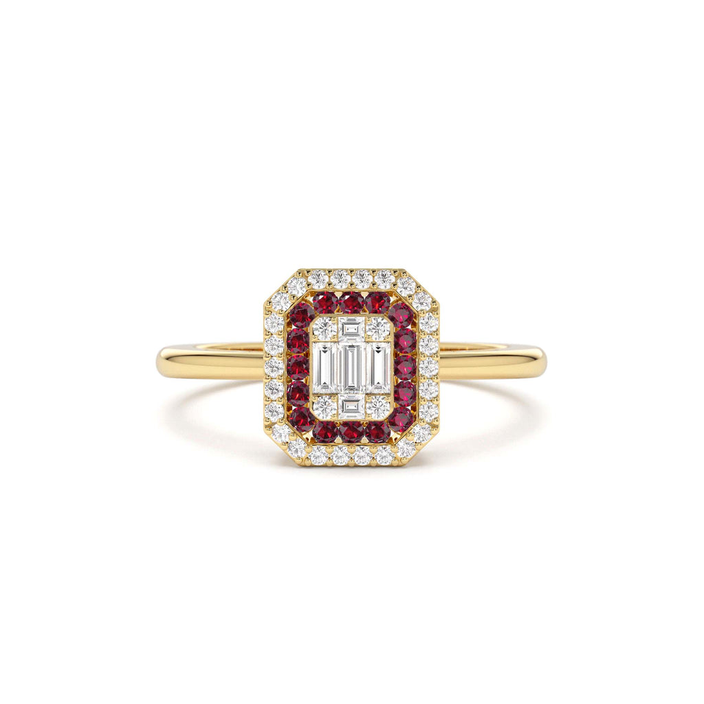 Baguette and Round Ruby Ring with Halo Setting in 14K Gold — view 1