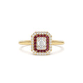 Baguette and Round Ruby Ring with Halo Setting in 14K Gold — view 1