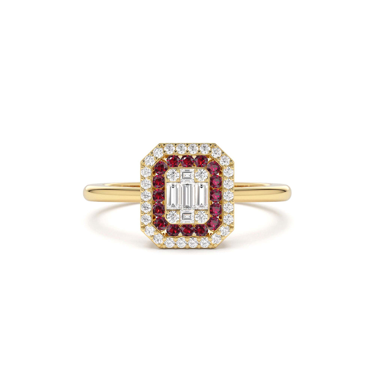 Baguette and Round Ruby Ring with Halo Setting in 14K Gold — view 1