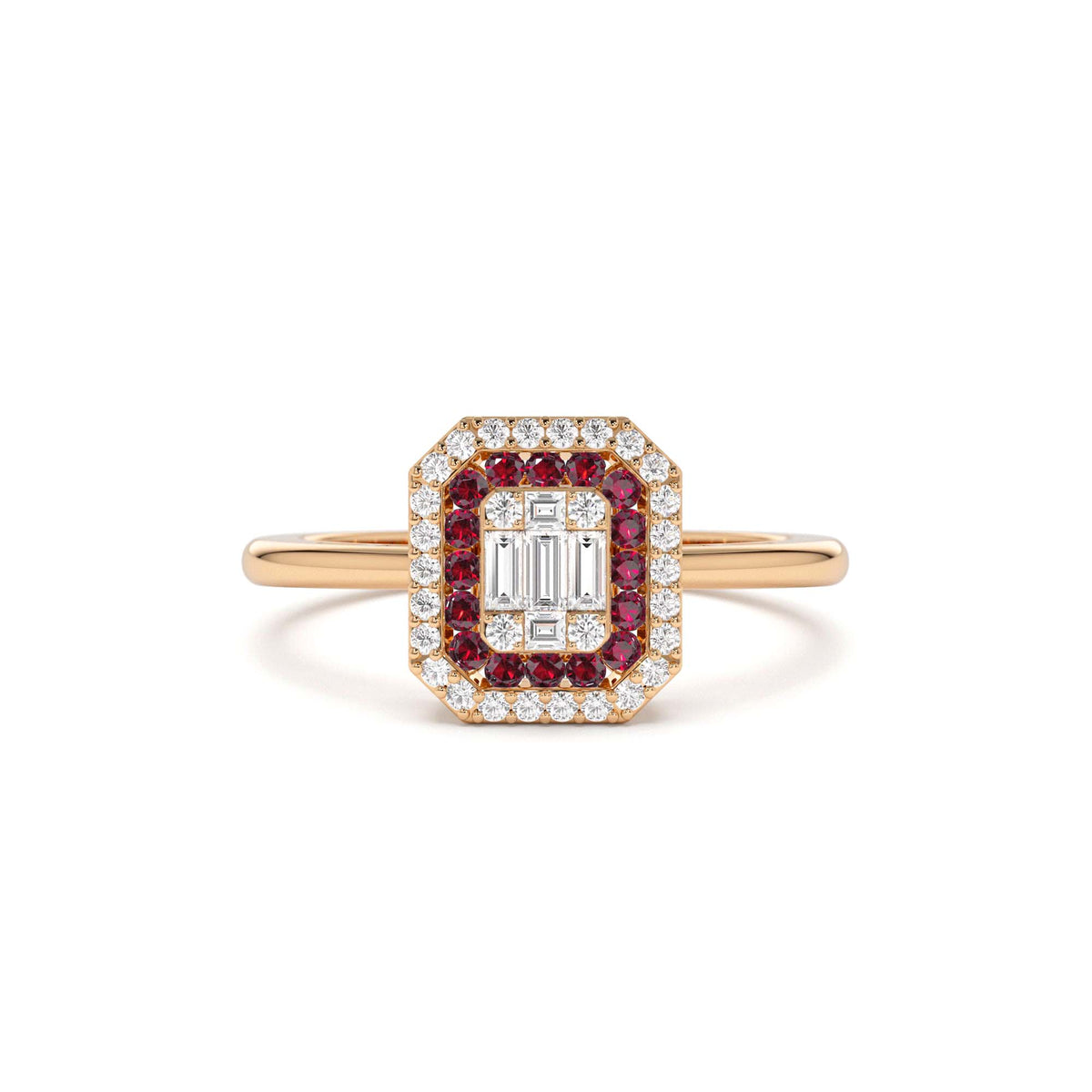 Baguette and Round Ruby Ring with Halo Setting in 14K Gold — view 5