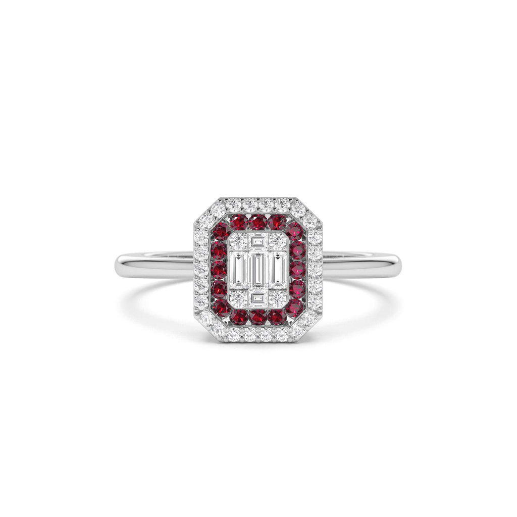 Baguette and Round Ruby Ring with Halo Setting in 14K Gold — view 4