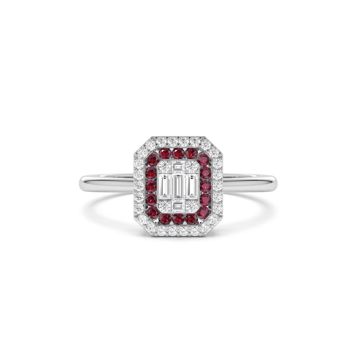 Baguette and Round Ruby Ring with Halo Setting in 14K Gold — view 4