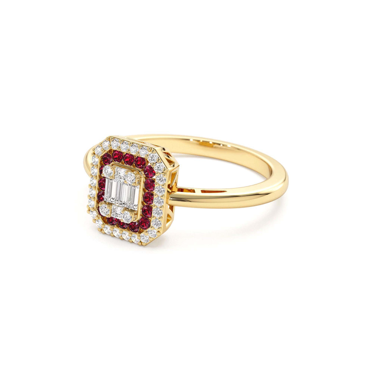 Baguette and Round Ruby Ring with Halo Setting in 14K Gold — view 2